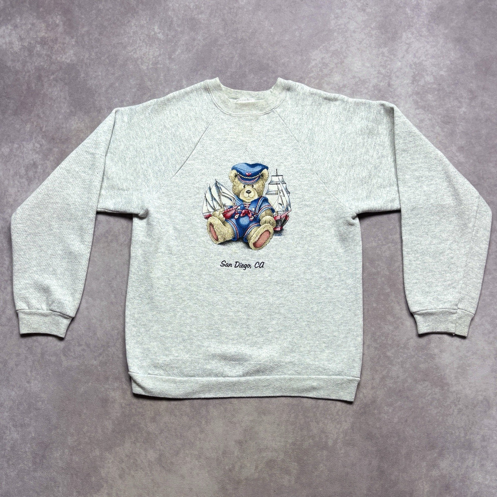Vintage Hanes Women's Fleece Sweatshirt Teddy Bear Sailor San Diego CA Gray XS